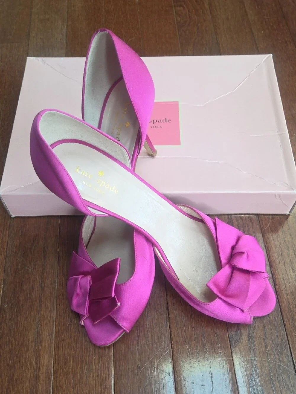 kate spade hot pink satin peep-toe d'Orsay heels with bow